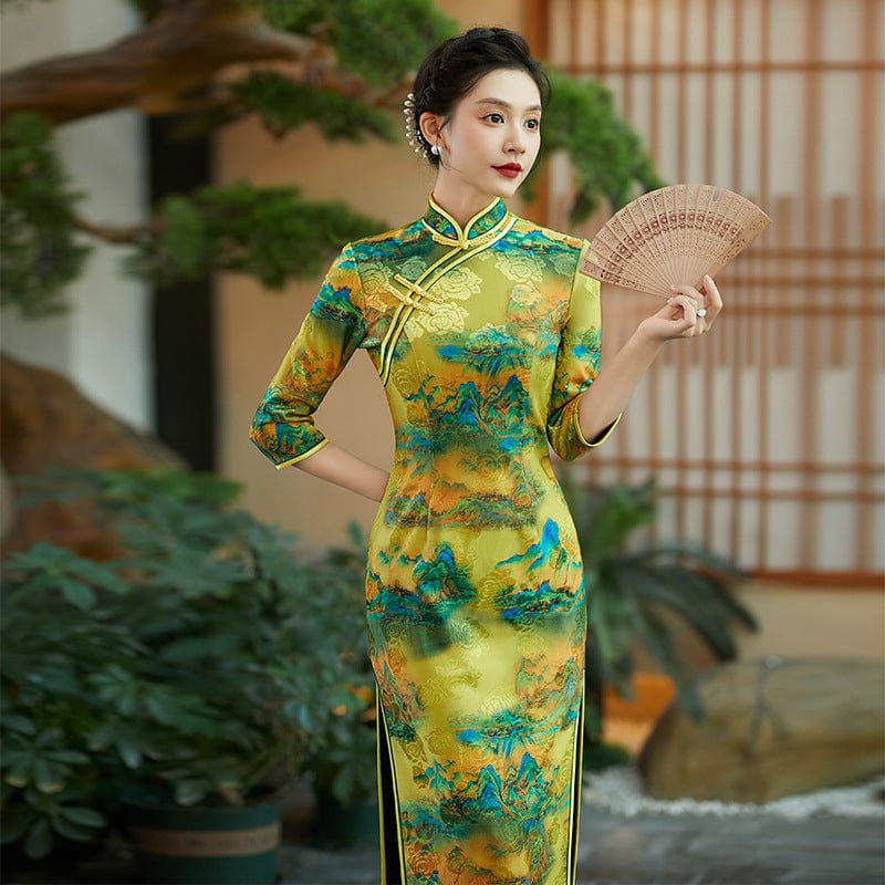 Beth and Brian Qipao-QCYJ Thousand Miles of Mountains and Rivers pattern, plus size long Cheongsam