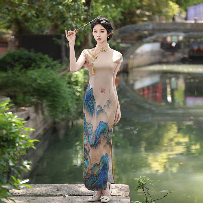 Beth and Brian Qipao-XYG Landscape pattern, brown long plus size Cheongsam