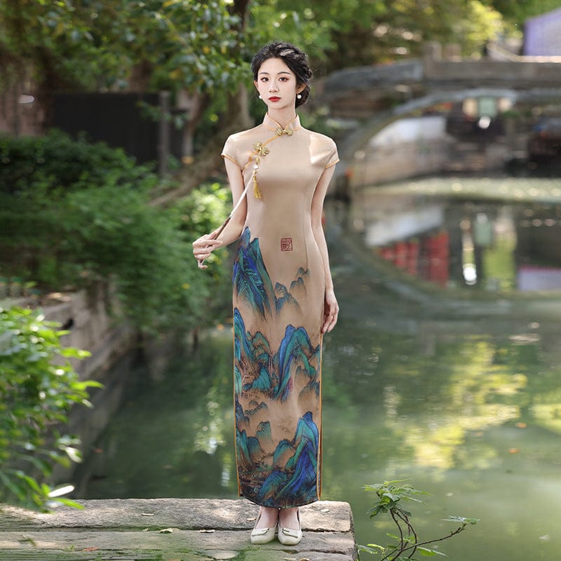 Beth and Brian Qipao-XYG Landscape pattern, brown long plus size Cheongsam
