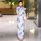 Beth and Brian Qipao-QCYJ Blue and white plum blossom pattern, long Cheongsam