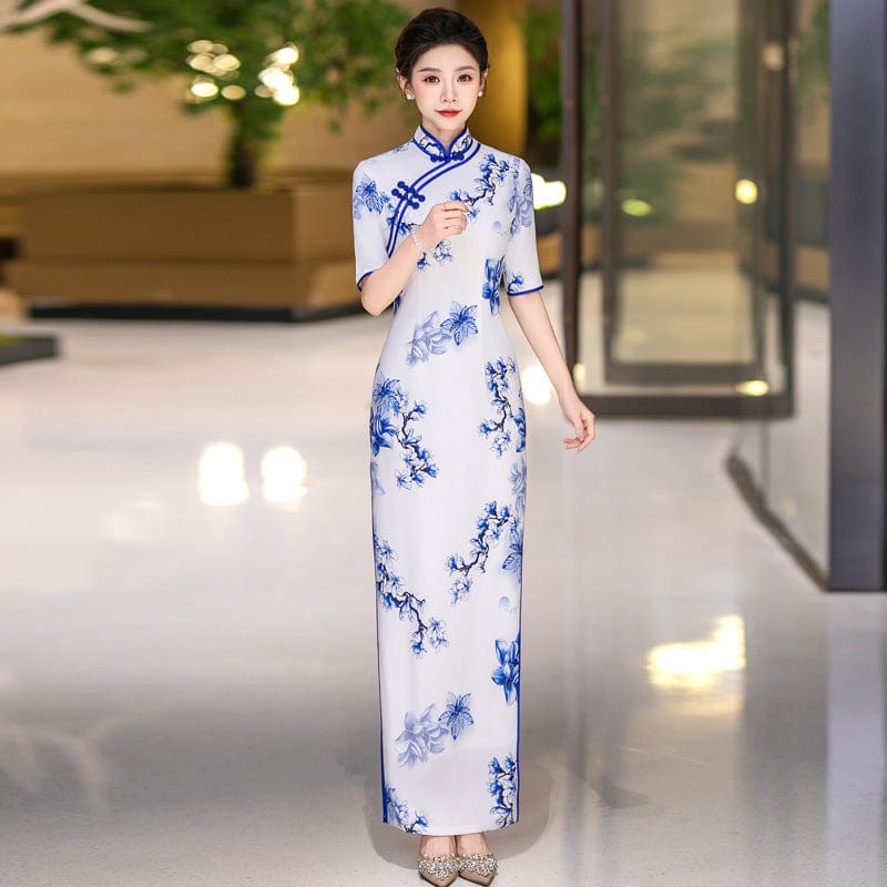 Beth and Brian Qipao-QCYJ Blue and white plum blossom pattern, long Cheongsam