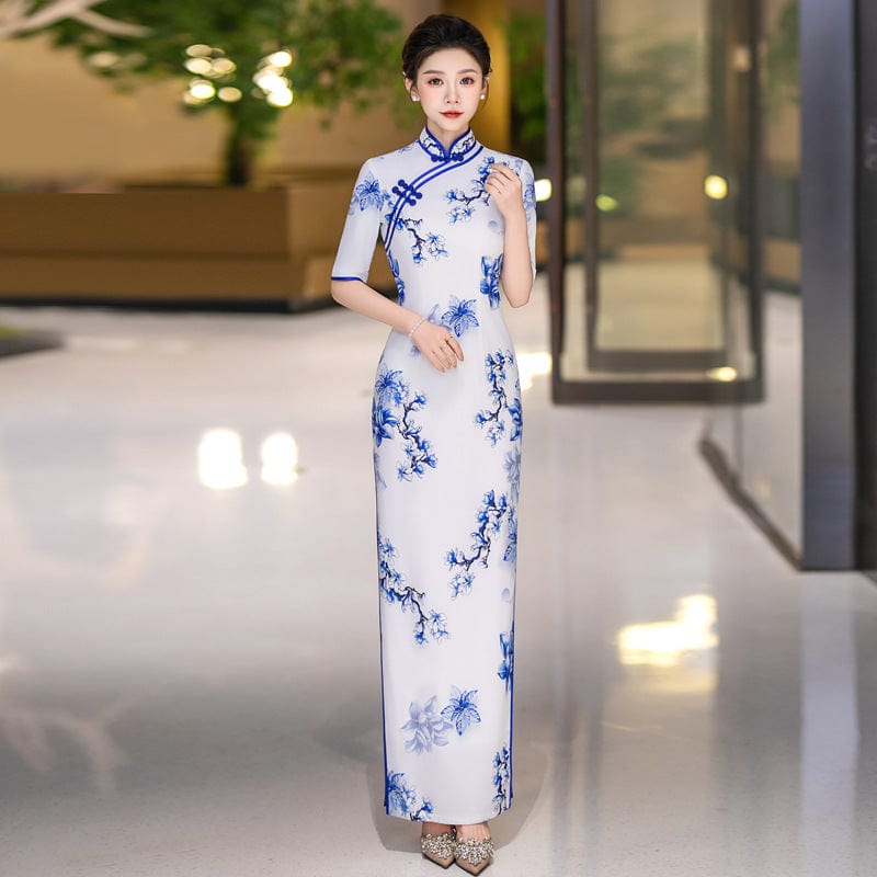 Beth and Brian Qipao-QCYJ Blue and white plum blossom pattern, long Cheongsam