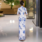 Beth and Brian Qipao-QCYJ Blue and white plum blossom pattern, long Cheongsam