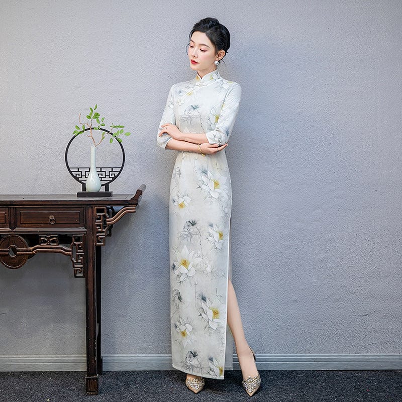 Beth and Brian Qipao-QCYJ Floral pattern, Suede fabric, plus size long Cheongsam