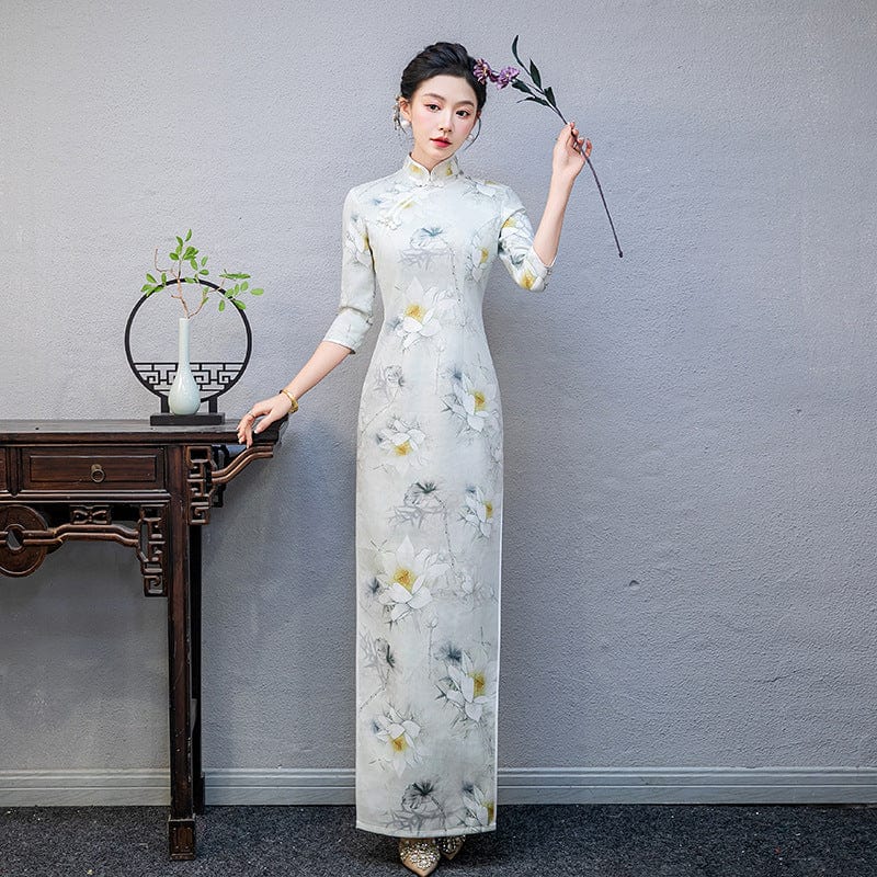 Beth and Brian Qipao-QCYJ Floral pattern, Suede fabric, plus size long Cheongsam