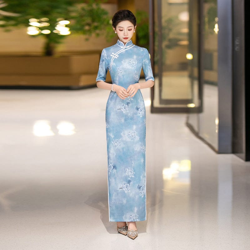 Beth and Brian Qipao-QCYJ Classical Cheongsam, jacquard satin fabric, blue long Qipao