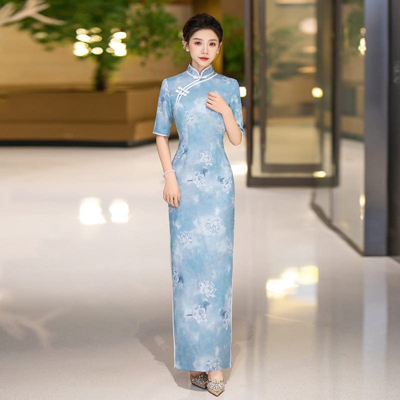 Beth and Brian Qipao-QCYJ Classical Cheongsam, jacquard satin fabric, blue long Qipao