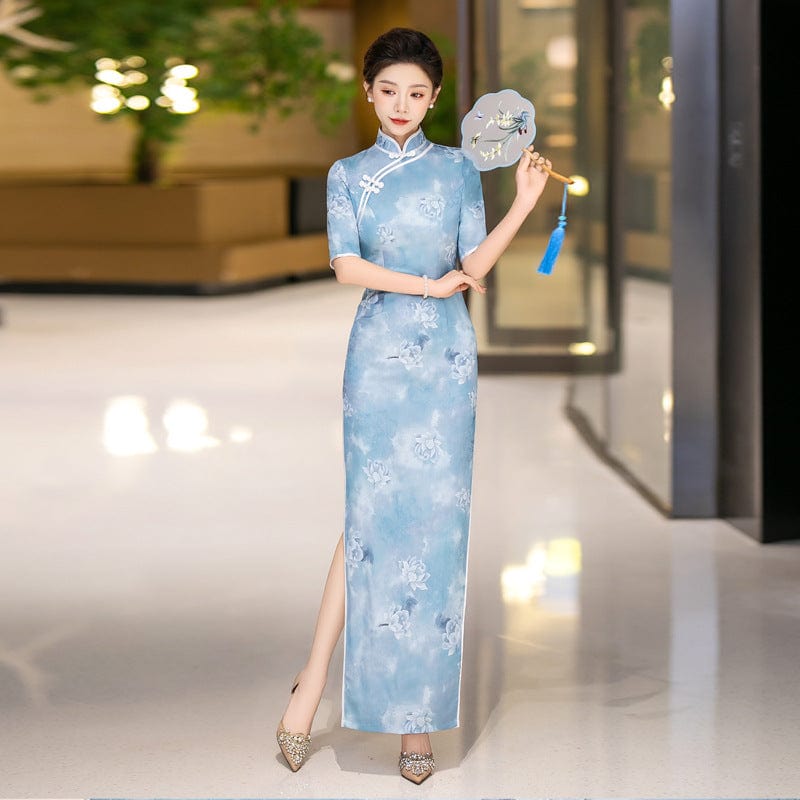 Beth and Brian Qipao-QCYJ Classical Cheongsam, jacquard satin fabric, blue long Qipao