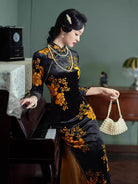 Beth and Brian Qipao-XL Floral pattern, velvet fabric midi Cheongsam