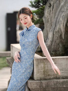 Beth and Brian Qipao-XL Sleeveless, silk blue midi Cheongsam