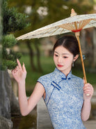 Beth and Brian Qipao-XL Sleeveless, silk blue midi Cheongsam