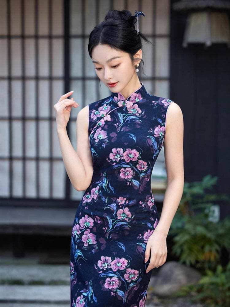 Beth and Brian Qipao-XL New Chinese style (新中式), floral pattern, blue midi Cheongsam