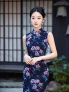 Beth and Brian Qipao-XL New Chinese style (新中式), floral pattern, blue midi Cheongsam
