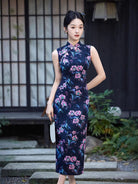 Beth and Brian Qipao-XL New Chinese style (新中式), floral pattern, blue midi Cheongsam