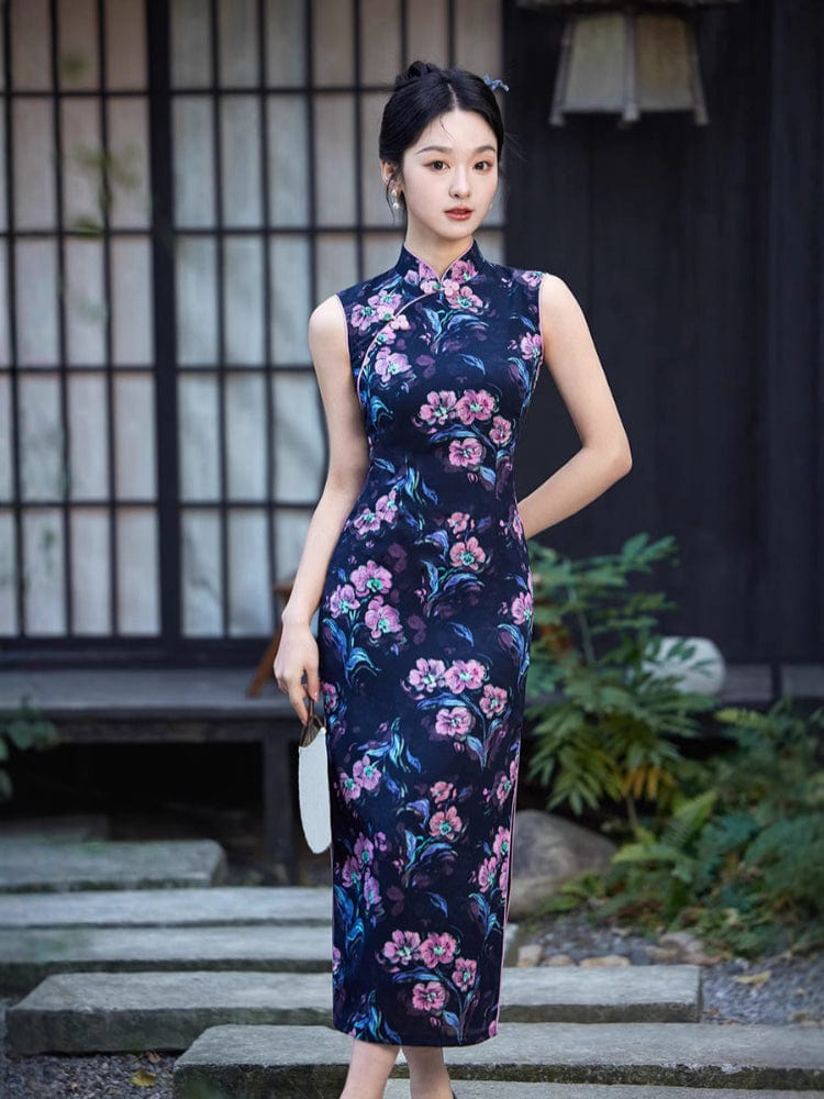Beth and Brian Qipao-XL New Chinese style (新中式), floral pattern, blue midi Cheongsam