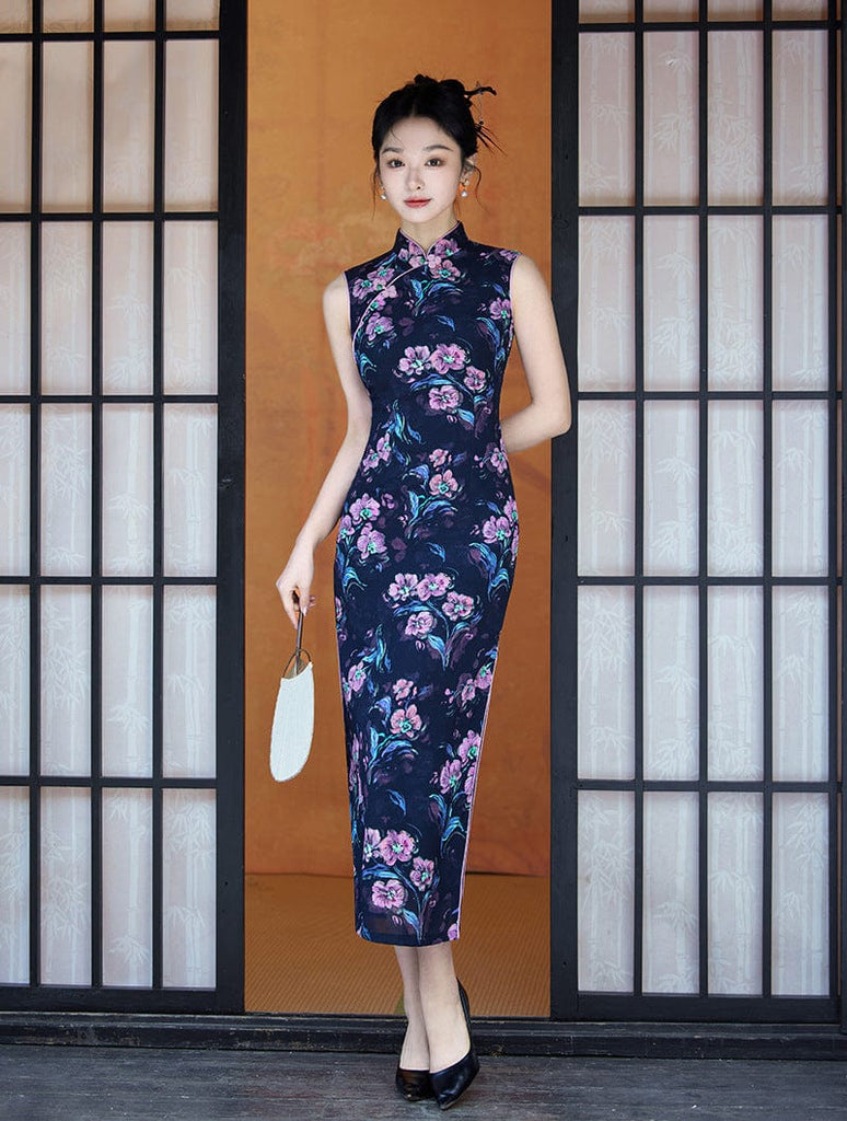Beth and Brian Qipao-XL New Chinese style (新中式), floral pattern, blue midi Cheongsam