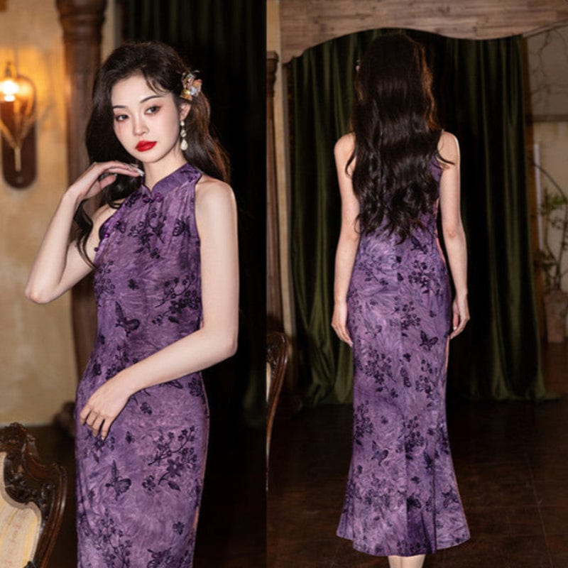 Beth and Brian Qipao-SYK Flocking fabric, floral and butterfly pattern, grey midi Cheongsam