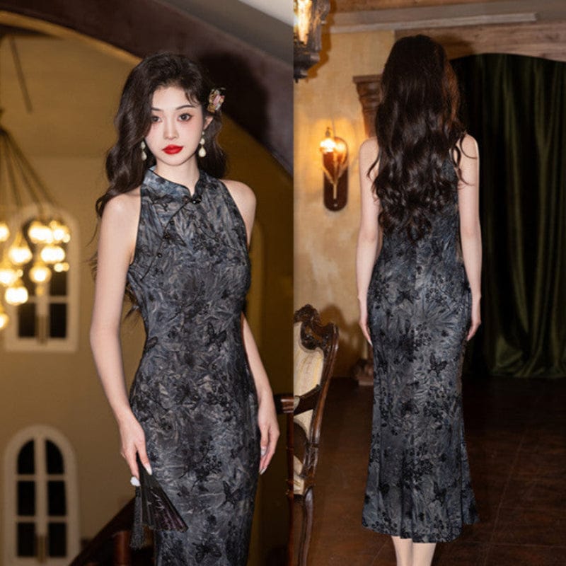 Beth and Brian Qipao-SYK Flocking fabric, floral and butterfly pattern, grey midi Cheongsam
