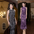 Beth and Brian Qipao-SYK Flocking fabric, floral and butterfly pattern, grey midi Cheongsam
