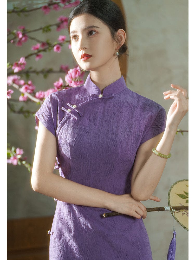 Beth and Brian Qipao-LSB Floral pattern, jacquard cotton fabric, purple midi Cheongsam