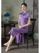 Beth and Brian Qipao-LSB Floral pattern, jacquard cotton fabric, purple midi Cheongsam