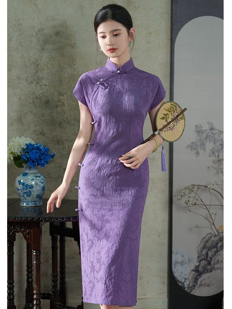Beth and Brian Qipao-LSB Floral pattern, jacquard cotton fabric, purple midi Cheongsam