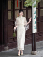 Beth and Brian Qipao-XL Summer and fall collection, white lace midi Qipao set