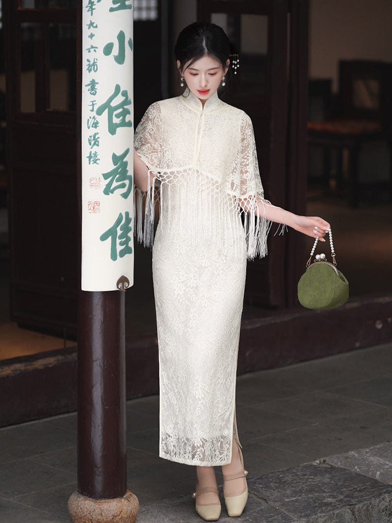 Beth and Brian Qipao-XL Summer and fall collection, white lace midi Qipao set