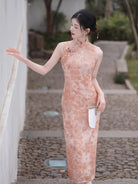 Beth and Brian Qipao-XL Cutwork Brocade Fabric, sleeveless pink midi Cheongsam
