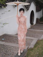 Beth and Brian Qipao-XL Cutwork Brocade Fabric, sleeveless pink midi Cheongsam