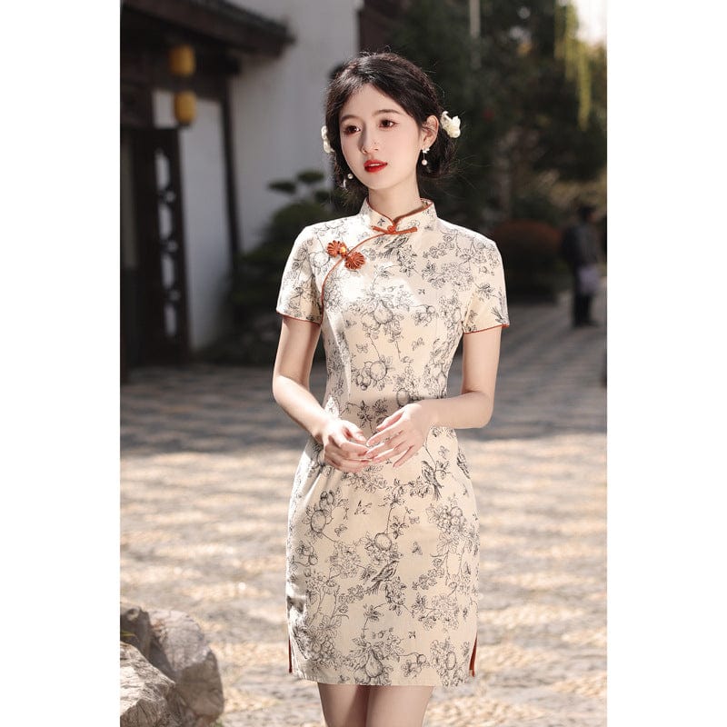 Beth and Brian Qipao-XWC Floral pattern, cotton&linen short Cheongsam