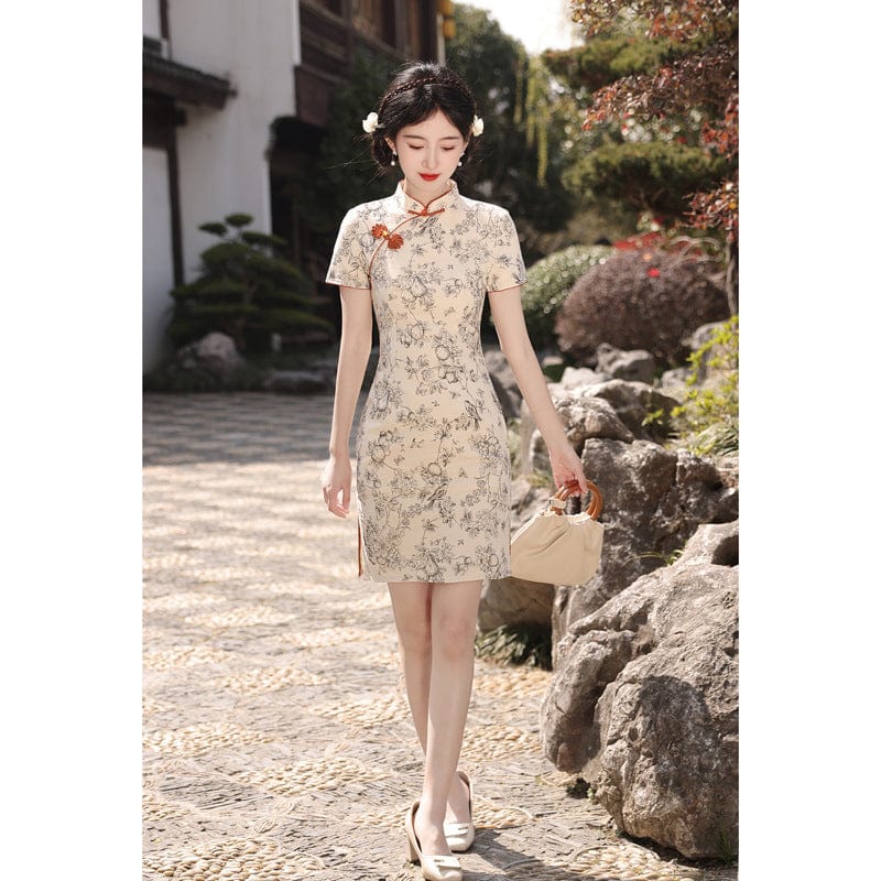 Beth and Brian Qipao-XWC Floral pattern, cotton&linen short Cheongsam