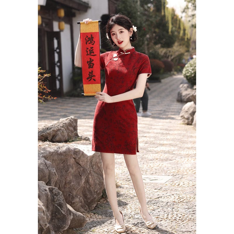 Beth and Brian Qipao-XWC Floral pattern, cotton&linen short Cheongsam