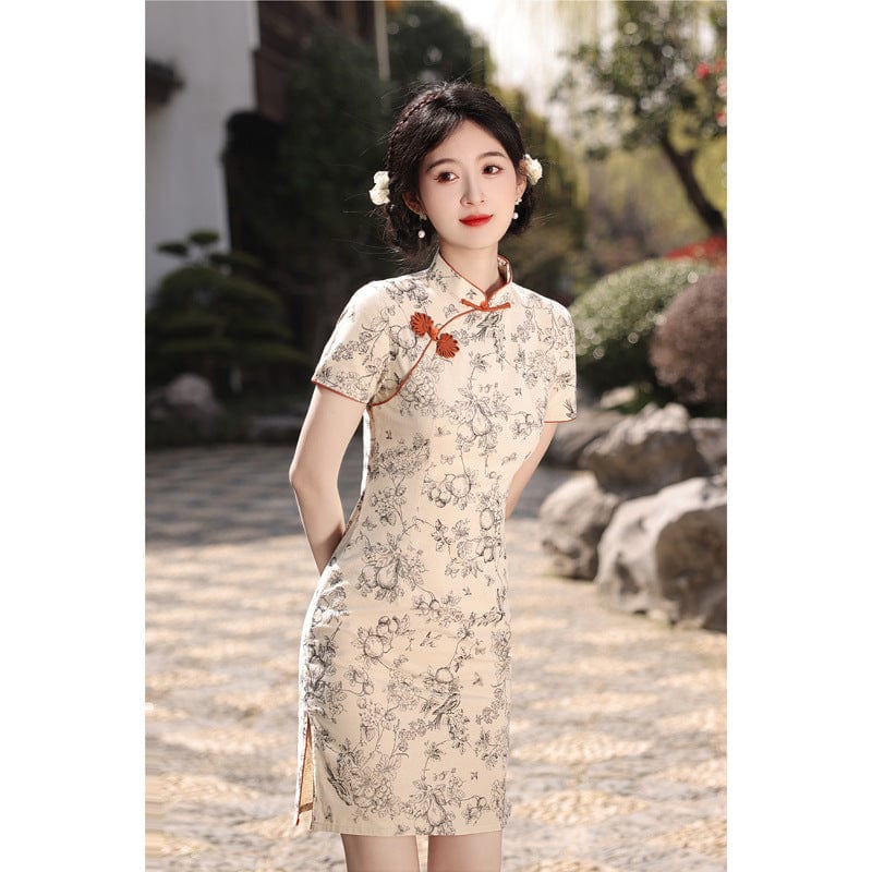 Beth and Brian Qipao-XWC Floral pattern, cotton&linen short Cheongsam