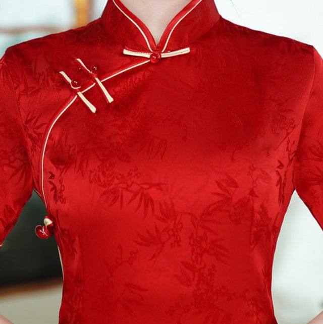 Beth and Brian Qipao-JY Leaf pattern, plus size, red midi Cheongsam