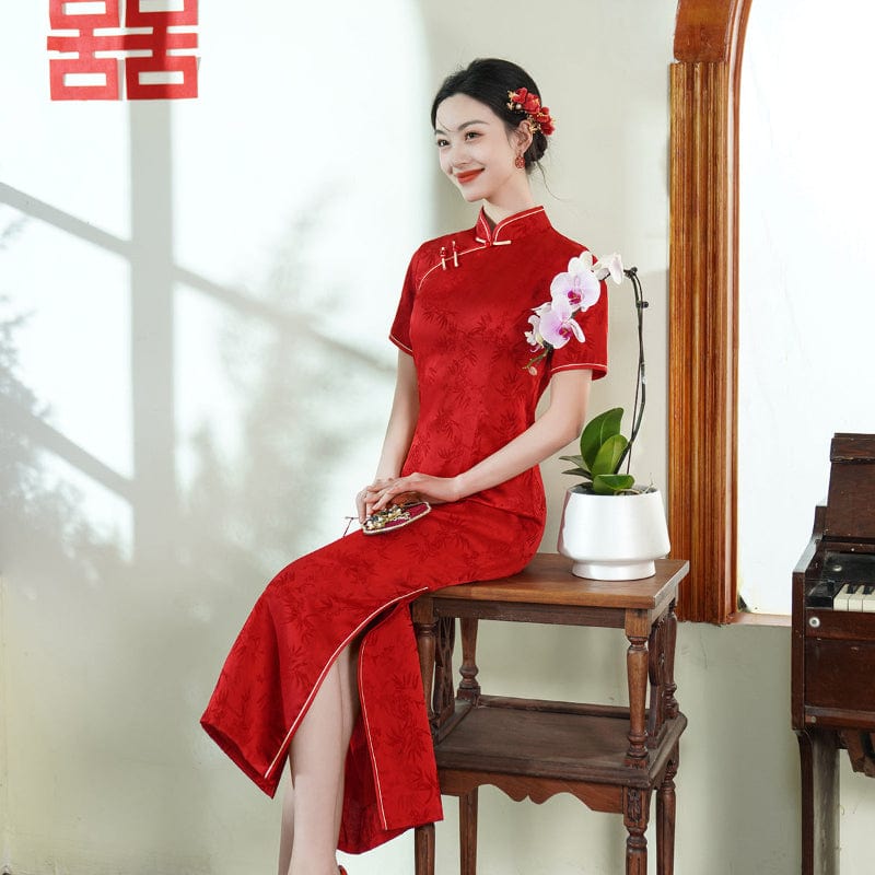 Beth and Brian Qipao-JY Leaf pattern, plus size, red midi Cheongsam