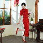 Beth and Brian Qipao-JY Leaf pattern, plus size, red midi Cheongsam