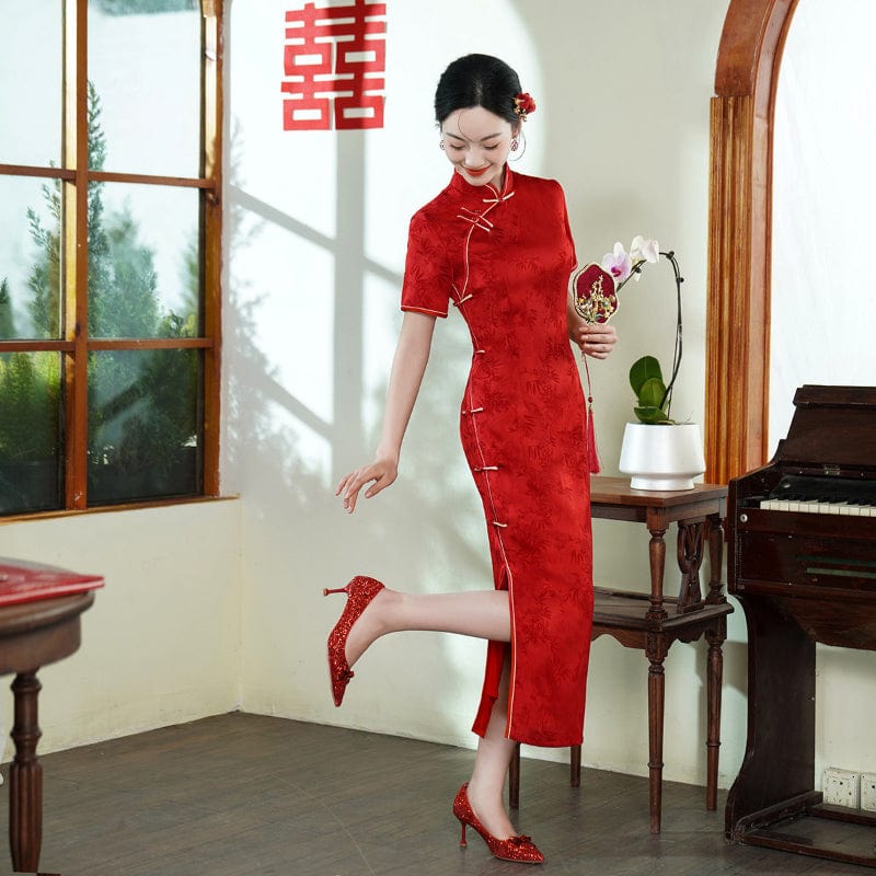 Beth and Brian Qipao-JY Leaf pattern, plus size, red midi Cheongsam