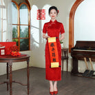 Beth and Brian Qipao-JY Leaf pattern, plus size, red midi Cheongsam