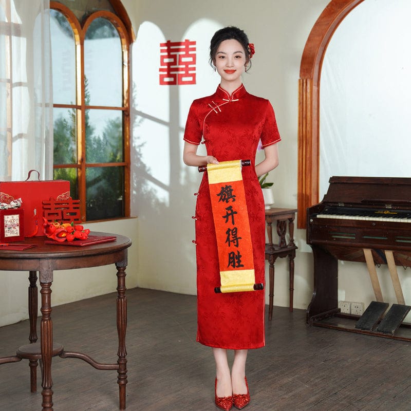 Beth and Brian Qipao-JY Leaf pattern, plus size, red midi Cheongsam
