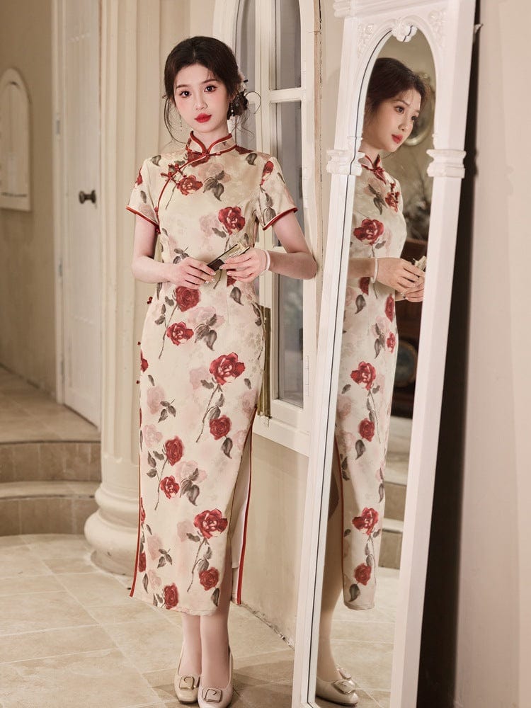 Beth and Brian Qipao-YG Floral pattern, jacquard satin, midi Cheongsam