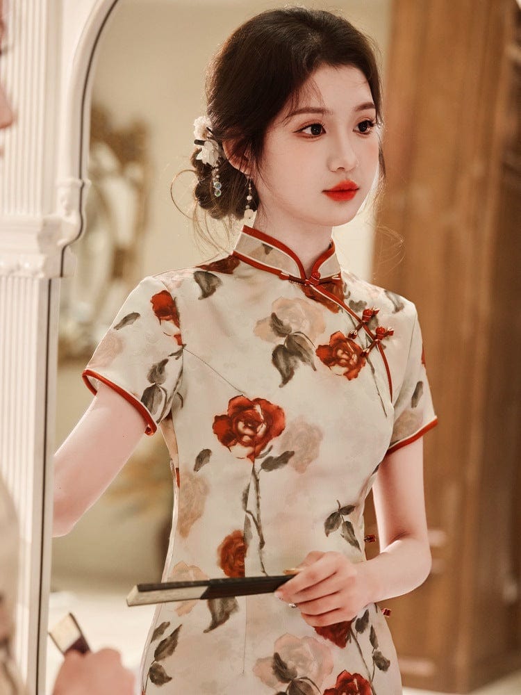 Beth and Brian Qipao-YG Floral pattern, jacquard satin, midi Cheongsam