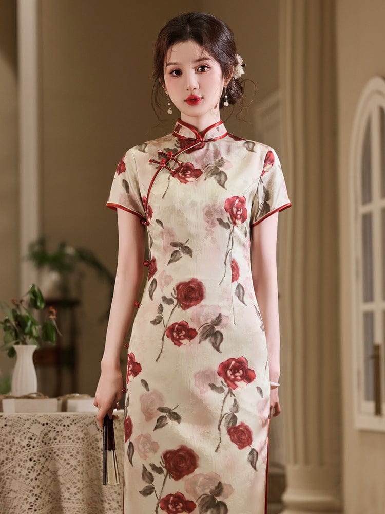 Beth and Brian Qipao-YG Floral pattern, jacquard satin, midi Cheongsam