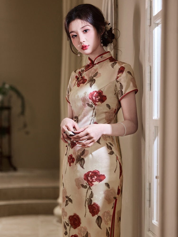 Beth and Brian Qipao-YG Floral pattern, jacquard satin, midi Cheongsam
