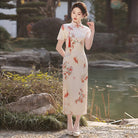 Beth and Brian Qipao-MLS Koi fish pattern, beige midi Cheongsam