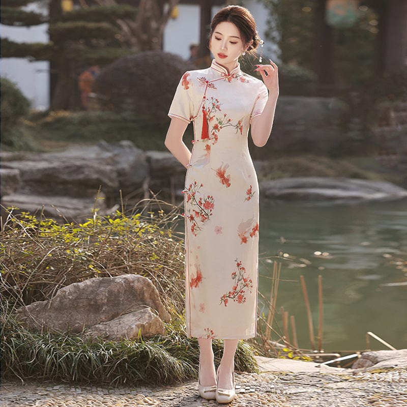 Beth and Brian Qipao-MLS Koi fish pattern, beige midi Cheongsam