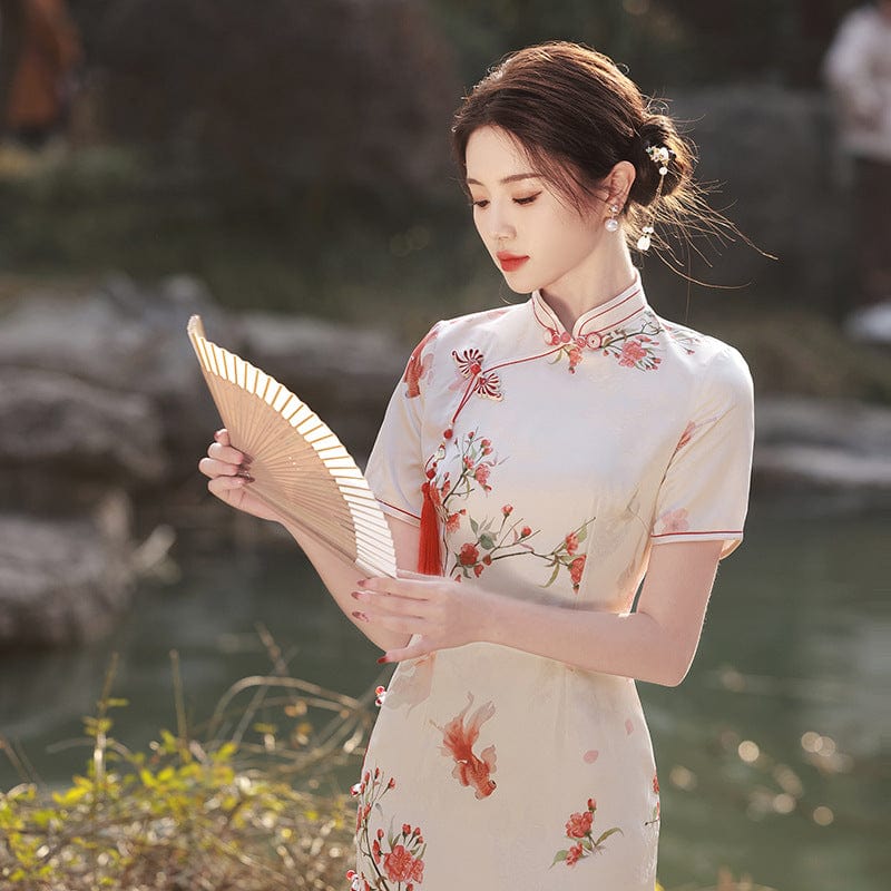 Beth and Brian Qipao-MLS Koi fish pattern, beige midi Cheongsam