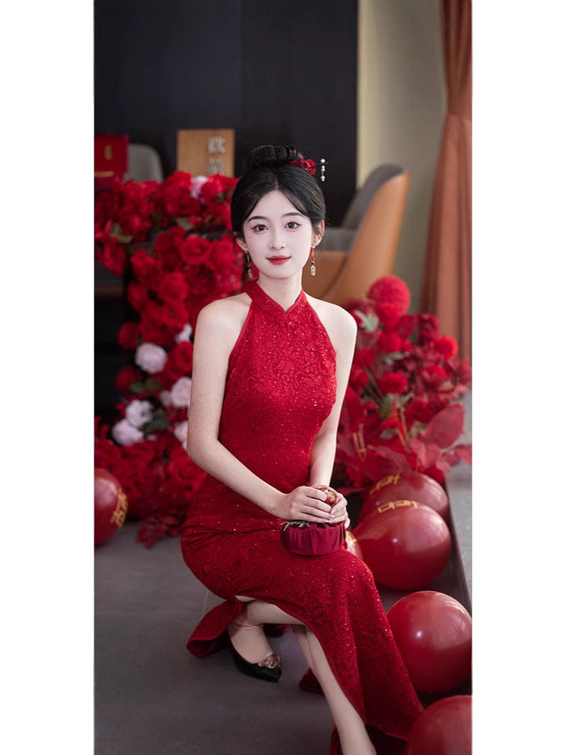Beth and Brian Qipao-JFX Halter lace mid-length Cheongsam