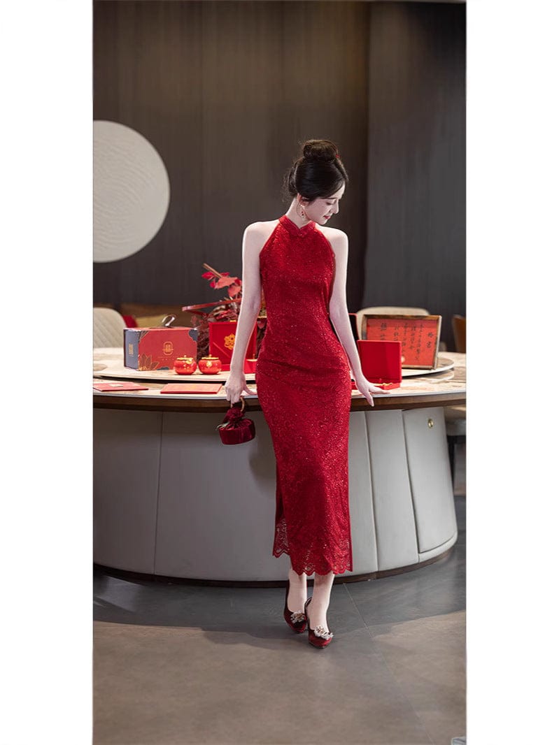 Beth and Brian Qipao-JFX Halter lace mid-length Cheongsam