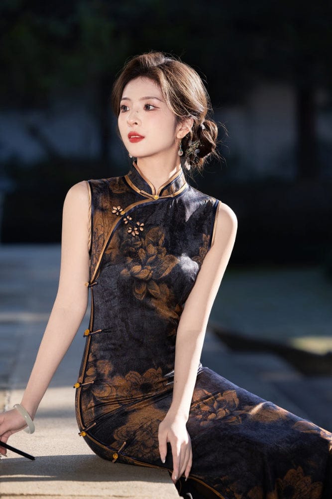 Beth and Brian Qipao-FRY Sleeveless, New Chinese style(新中式), black long Cheongsam